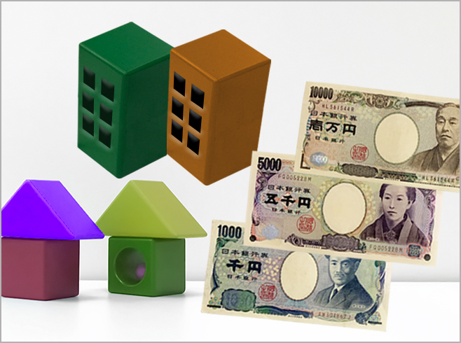 建物と紙幣により不動産投資の商品種類を表したイメージ画像
